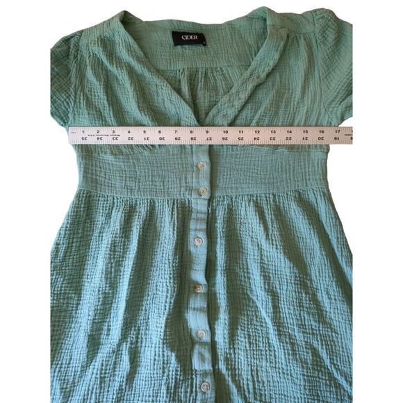 Cider Women M Green Smock Waist Knotted Sleeve Midi DRESS Medium l Deep V Neck - Picture 6 of 7